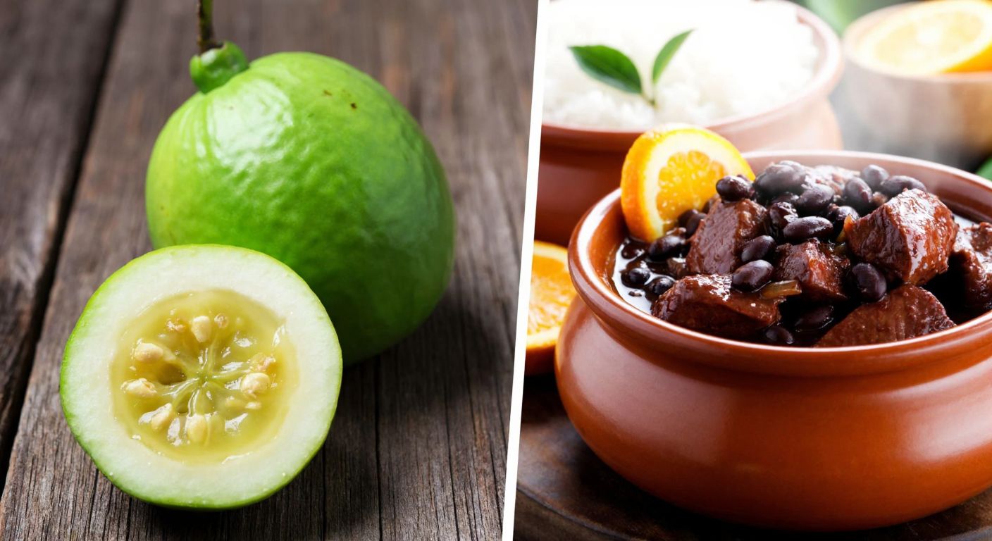 A vibrant split-screen image: on the left, a fresh green feijoa fruit with its soft, jelly-like interior on a rustic wooden table; on the right, a steaming clay pot of rich, dark feijoada with chunks of meat and black beans, garnished with orange slices, set against a Brazilian kitchen backdrop.