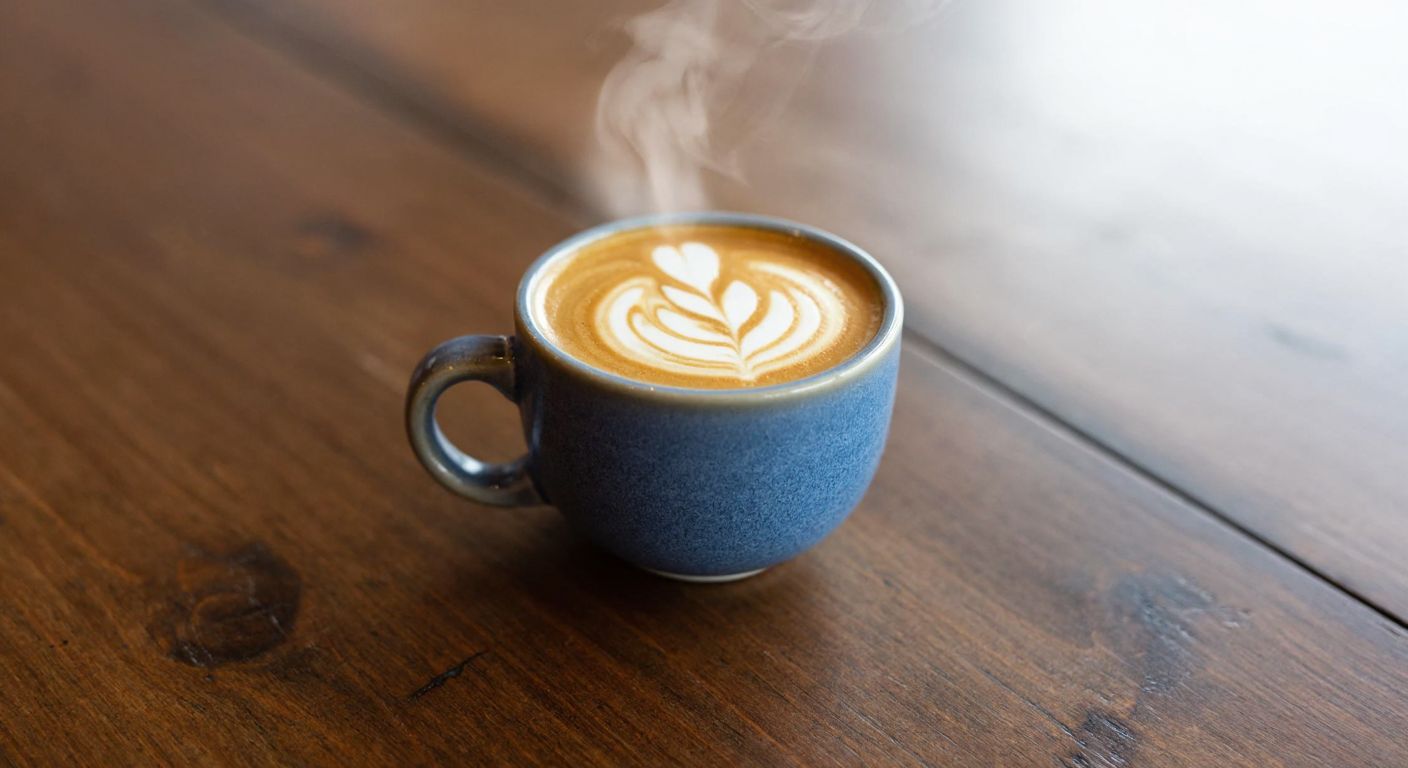 A small ceramic cup of rich espresso with a delicate swirl of steamed milk on top, placed on a rustic wooden table in a cozy Turkish café, steam gently rising from the drink.