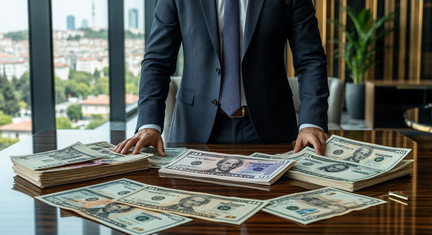 A Turkish businessman in a crisp suit confidently presents a diverse array of bonds—government certificates, corporate papers, and zero-coupon notes—neatly arranged on a polished wooden table in a modern Istanbul office, symbolizing financial stability and investment choices.