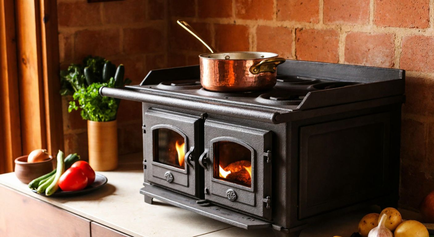 A rustic Turkish kitchen with a cast-iron kuzine stove glowing warmly, topped with a simmering copper pot, surrounded by fresh vegetables and a wooden spoon resting nearby.