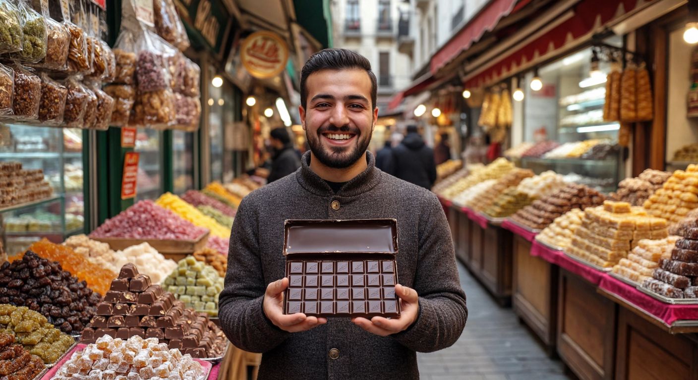 A vibrant Turkish marketplace with colorful stalls, where a smiling vendor proudly holds up a glossy, wrapped Karmen chocolate bar against a backdrop of traditional Turkish sweets like baklava and lokum.