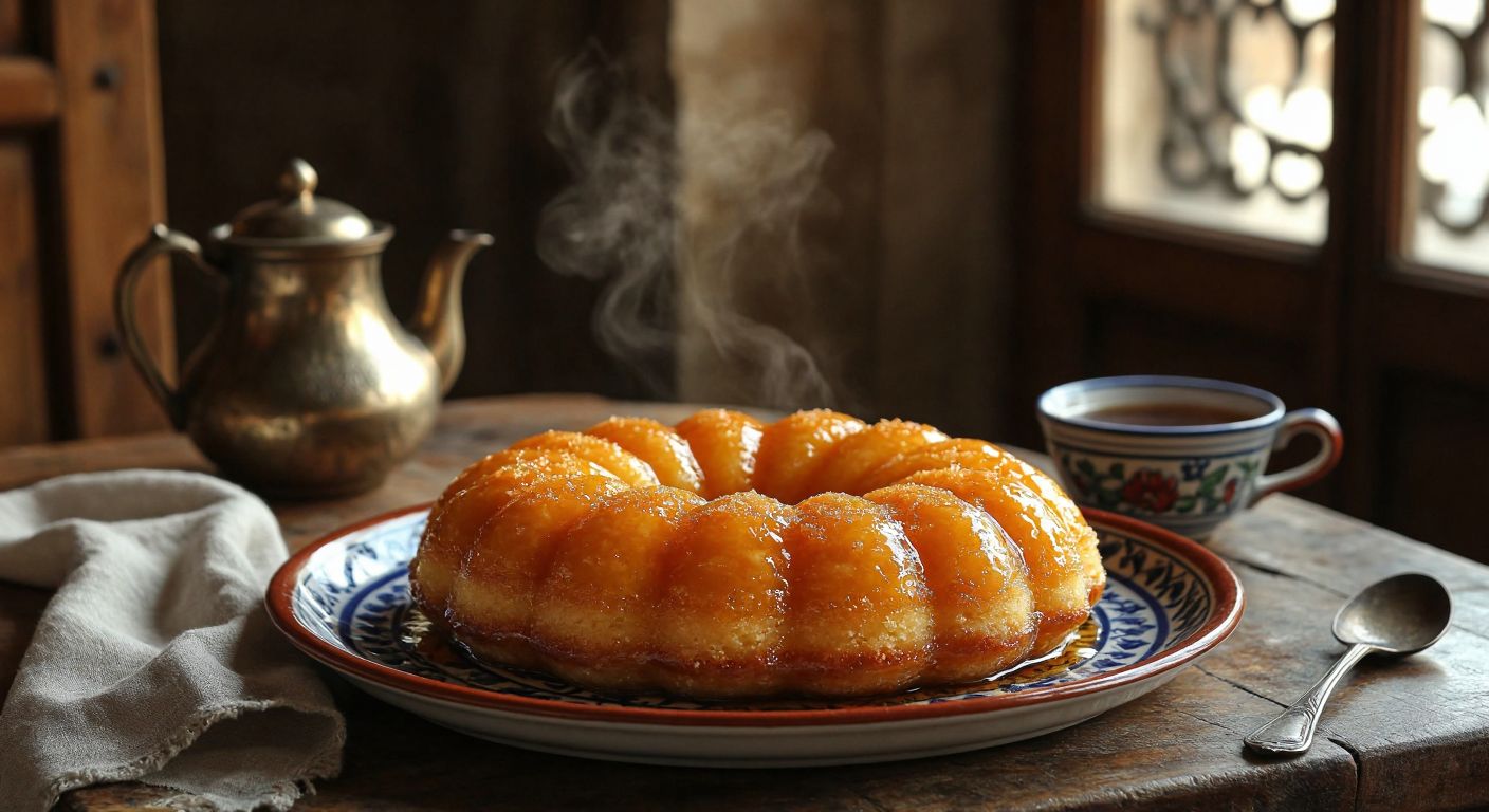 A golden, syrup-drenched **Prenses tatlısı** (princess dessert) sits on a traditional Turkish ceramic plate, surrounded by a rustic wooden table in a cozy **Sinop** kitchen, with a teapot steaming nearby.