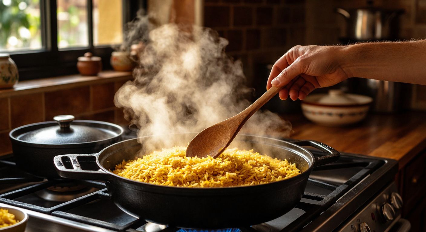 A well-seasoned cast iron pot sits on a stove with fluffy golden rice inside, steam rising gently, while a hand stirs it with a wooden spoon against a warm Turkish kitchen backdrop.