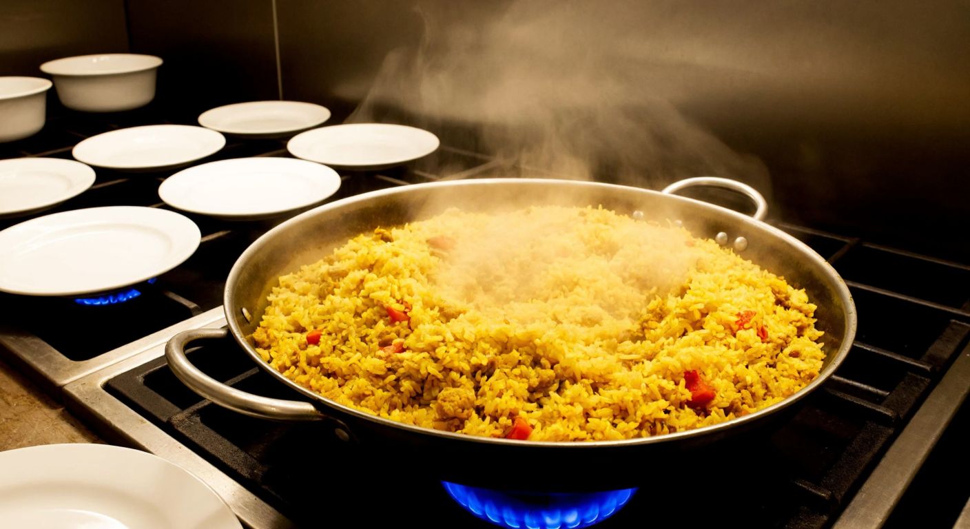 A large steaming pot of golden pilaf sits on a stove, surrounded by eight to ten empty plates ready to be served in a warm Turkish kitchen.
