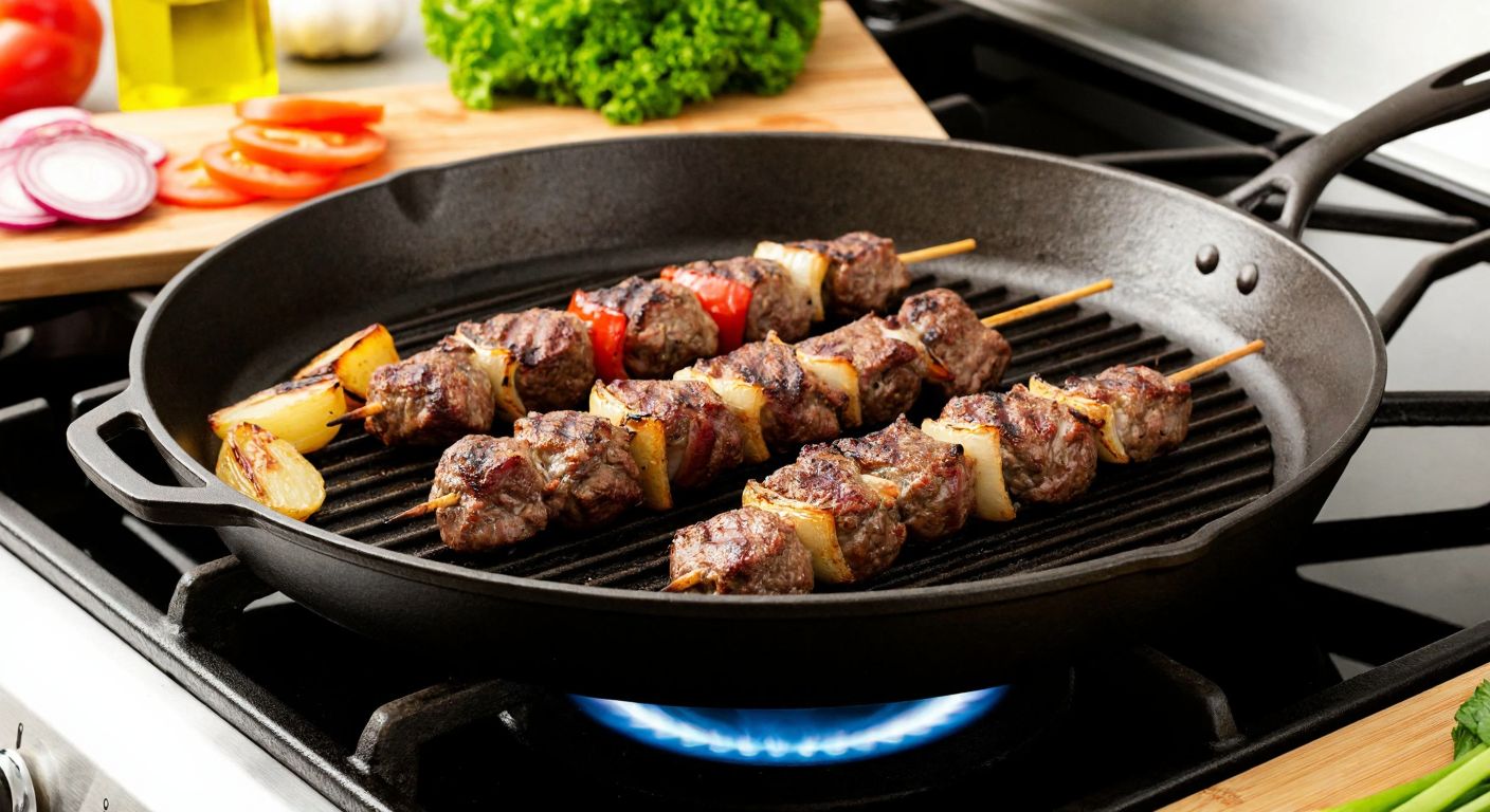 A gleaming cast iron grill pan sizzling with juicy kebabs on a stovetop, surrounded by fresh vegetables and a drizzle of olive oil, evoking warmth and healthy cooking.