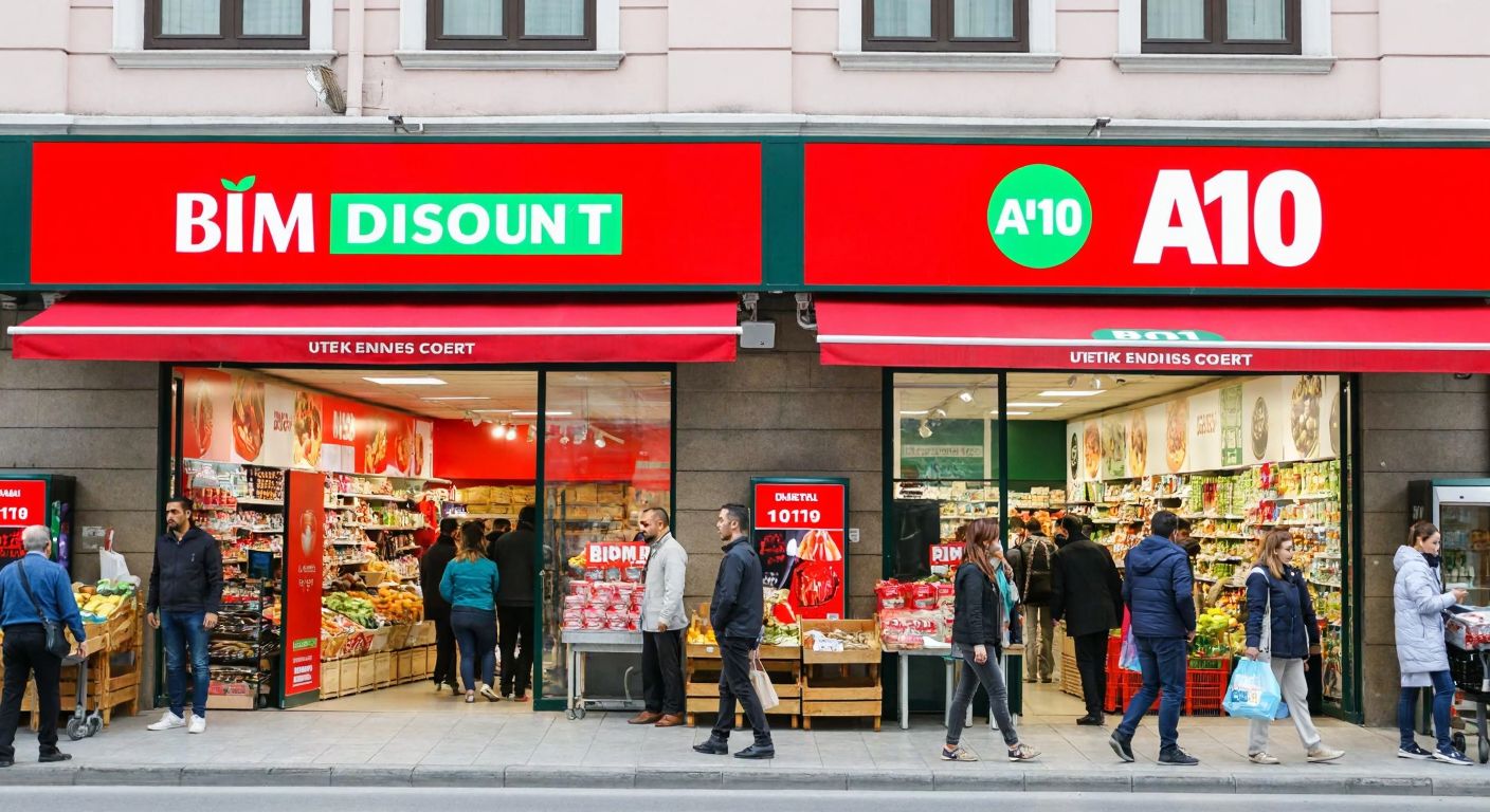 Two vibrant Turkish discount grocery stores, BİM and A101, stand side by side on a bustling street, their bright red and green signs contrasting as shoppers compare prices and products with focused expressions.