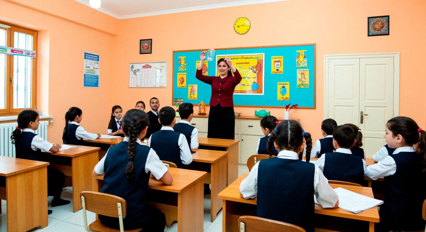 A vibrant orange-themed classroom in Turkey with young students in primary school uniforms sitting at wooden desks, colorful educational posters on the walls, and a teacher holding up a science experiment.
