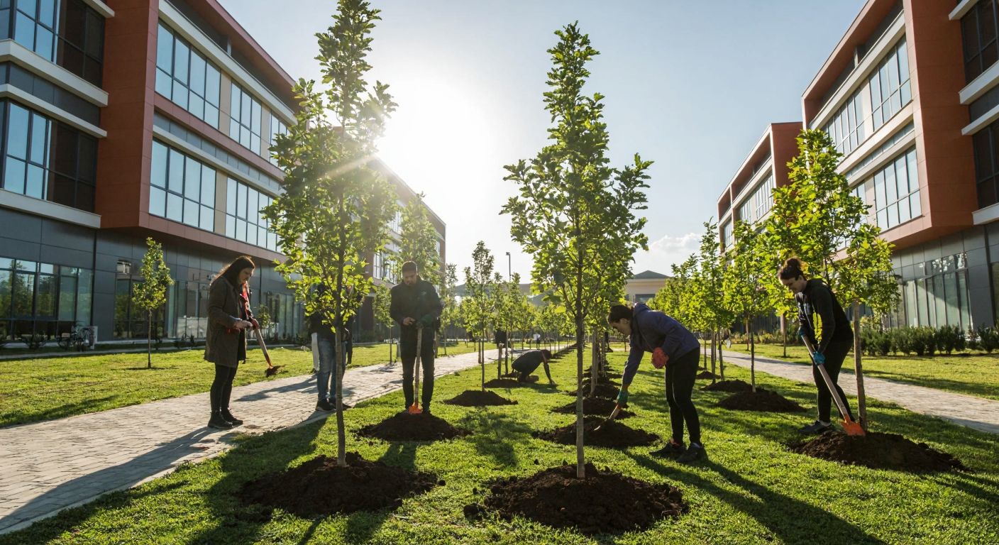 A modern university campus in Bilecik with students planting trees under a bright sun, symbolizing sustainable development and global collaboration.