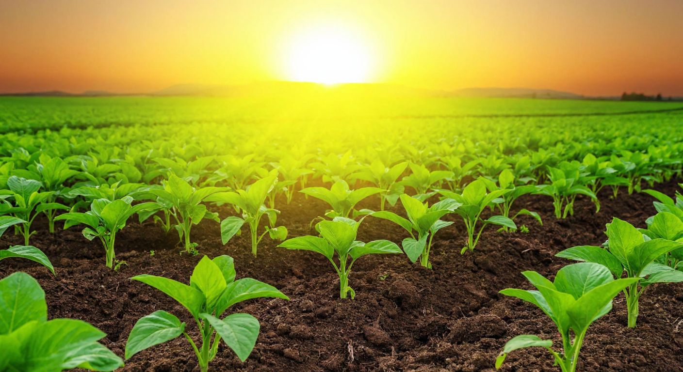 A golden sun radiates warm light over a lush Turkish countryside, where vibrant green plants thrive in rich, dark soil, their leaves outstretched toward the sunlight.