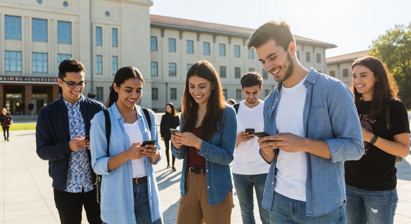 A group of diverse university students in modern casual attire, smiling and interacting with their smartphones while standing in front of Kadir Has University's campus building under a sunny sky.