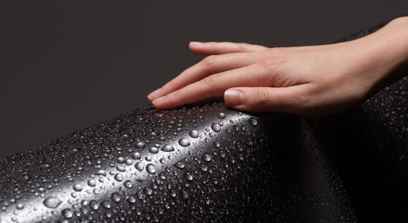A close-up of a shiny, crinkled fabric repelling water droplets, with a hand gently pressing on its textured surface under soft indoor lighting.