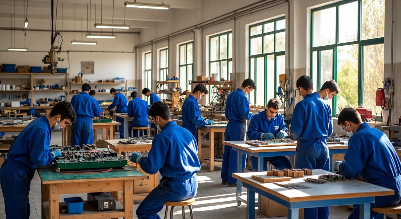 A bustling vocational high school in Nazilli, Turkey, with students in blue uniforms working in workshops—one assembling a circuit board, another welding metal, and a group crafting wooden furniture under natural light.