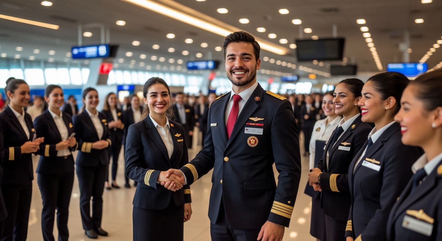 A confident Turkish airline manager in a crisp uniform stands in a bustling airport terminal, warmly greeting a diverse group of smiling flight attendants and pilots, with a training session visible in the background.