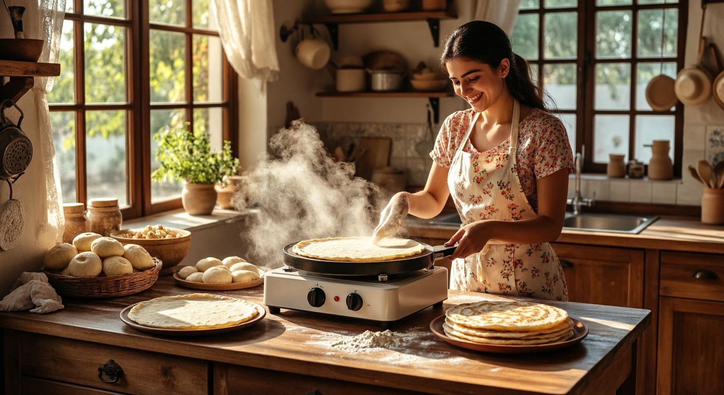 A warm, sunlit Turkish kitchen with a bazlama machine on a wooden counter, surrounded by freshly rolled dough, a stack of golden bazlama, and a plate of steaming gözleme, while a smiling woman in a floral apron dusts flour from her hands.