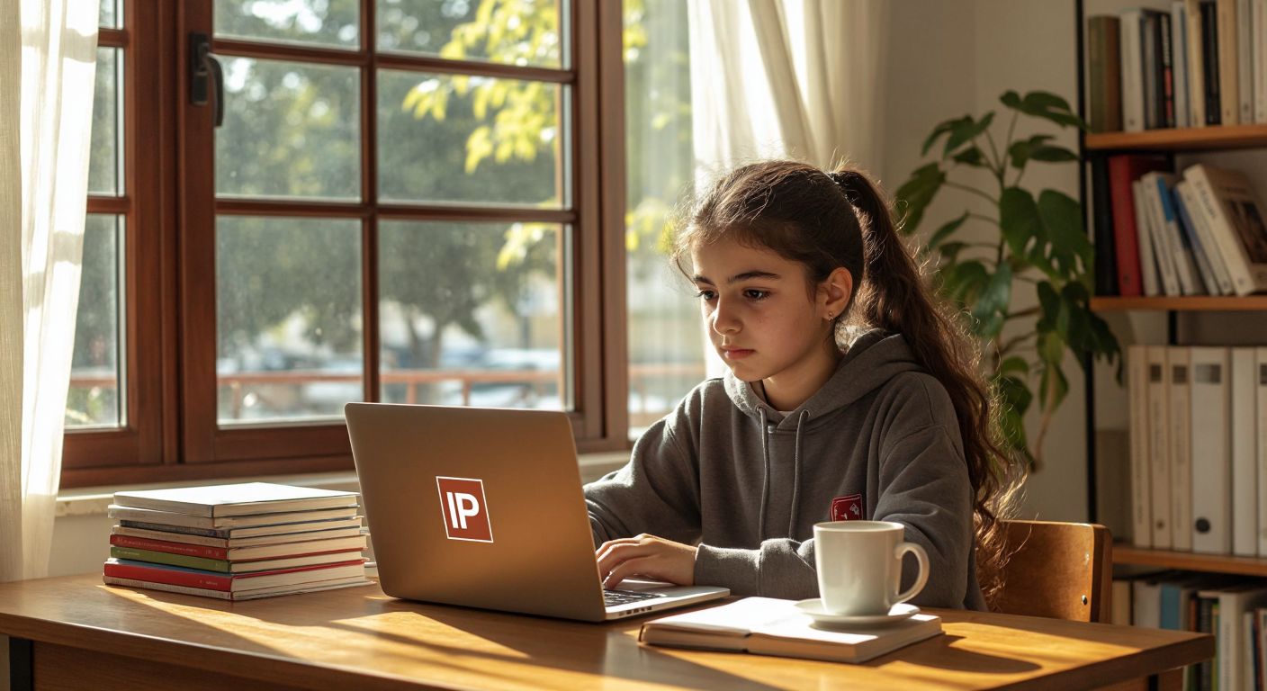 A focused Turkish middle-school student sits at a wooden desk, surrounded by neatly stacked textbooks and a laptop displaying a PDF icon, with a warm cup of çay beside them and sunlight streaming through a window.