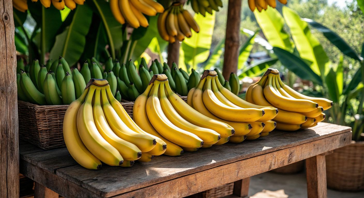 A rustic wooden table in a Turkish market displays two contrasting bunches of bananas—one with long, slender yellow Chiquita bananas and the other with shorter, thicker local Turkish bananas, surrounded by vibrant green leaves and warm sunlight filtering through a canopy.