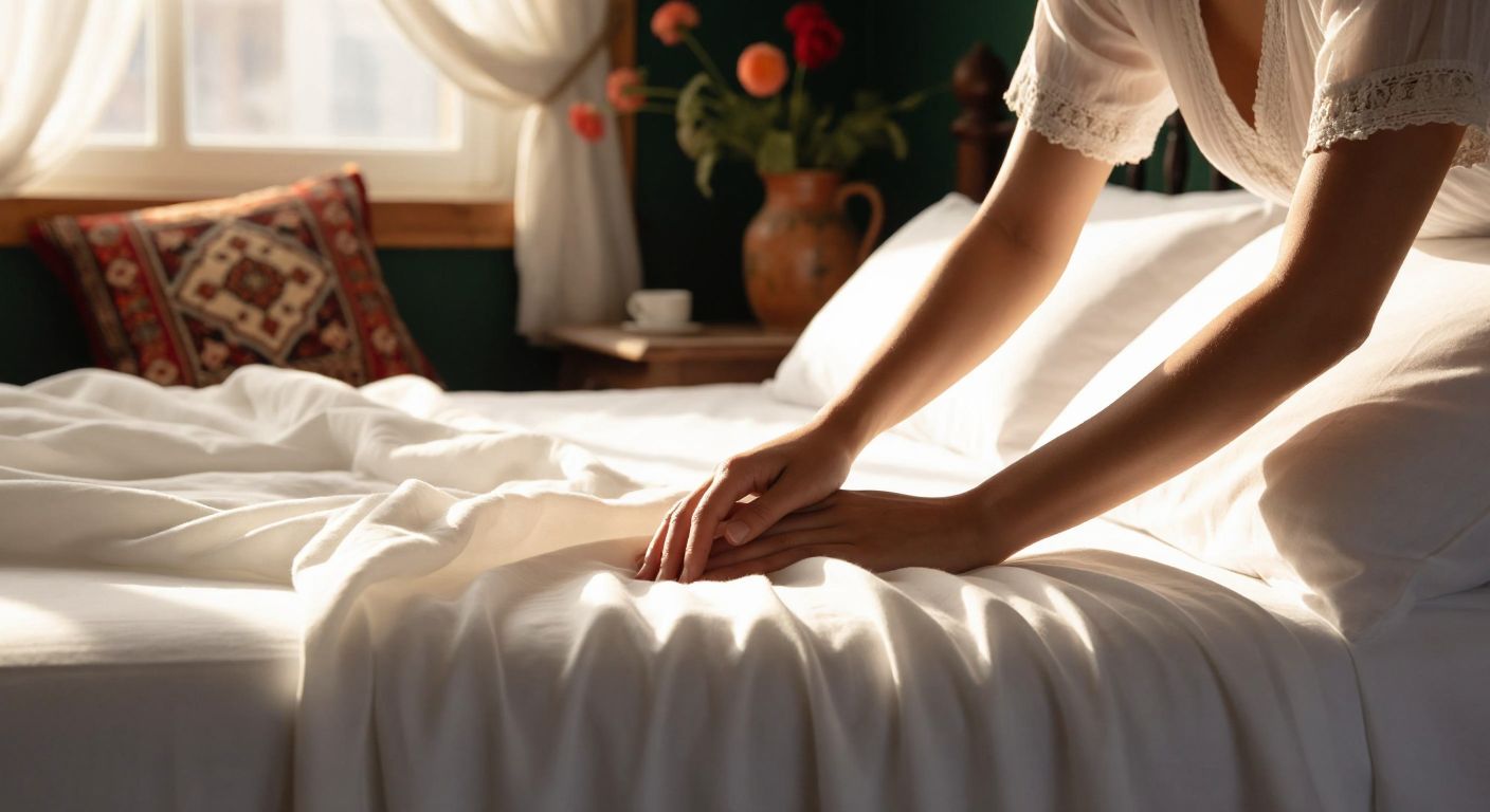 A close-up of a woman’s hands gently feeling a smooth, tightly woven white cotton bedsheet in a sunlit Turkish bedroom, with a neatly made bed and a traditional embroidered cushion in the background.
