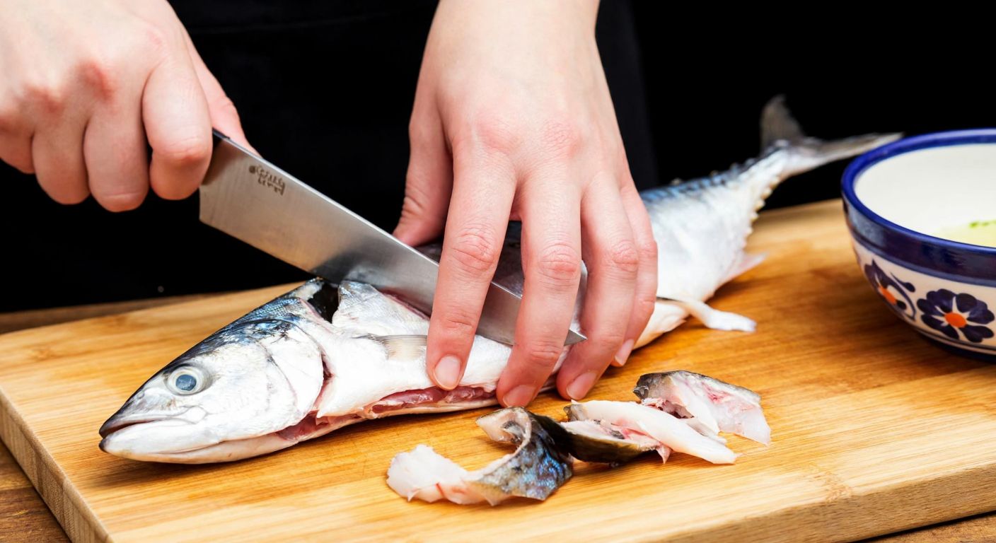 A close-up of skilled hands using a sharp knife to carefully remove the bones from a fresh mackerel on a wooden cutting board, with a traditional Turkish ceramic bowl nearby for discarded parts.