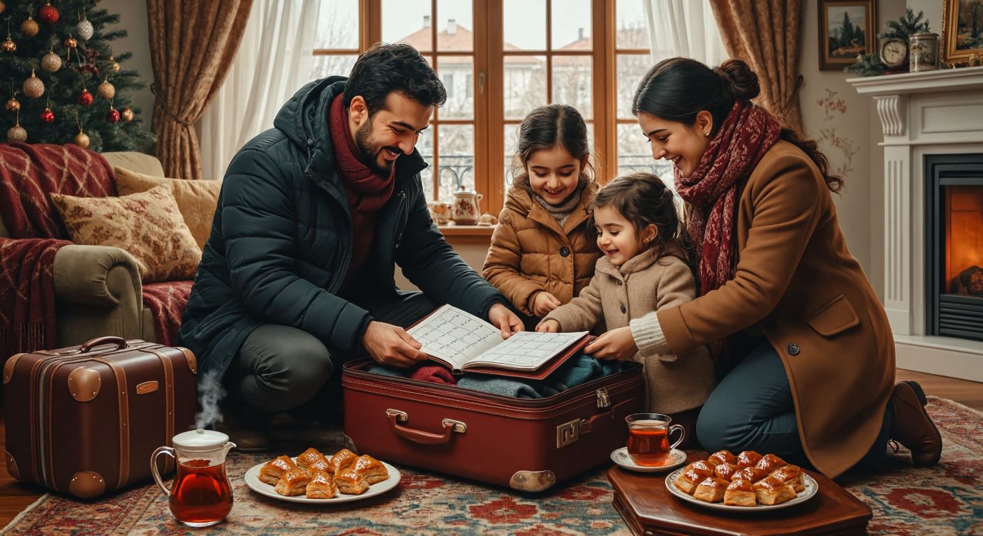 A joyful Turkish family packing suitcases and winter coats in a cozy home, with a calendar open to January 2025, surrounded by steaming cups of çay and a plate of baklava.