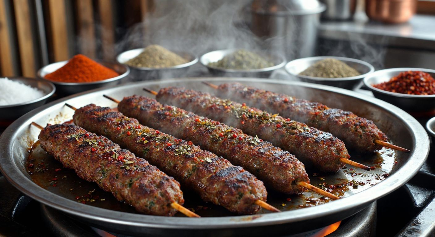A sizzling metal tray of golden-brown kebabs, generously sprinkled with vibrant red pul biber, green kekik, and earthy cumin, surrounded by small bowls of freshly ground karabiber, kişniş, and isot, with steam rising in a cozy Turkish kitchen.