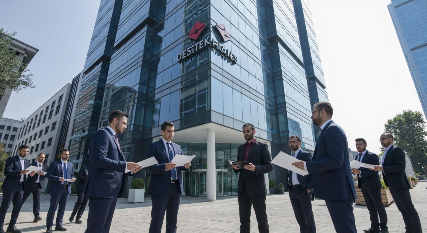 A bustling Istanbul financial district with a modern glass office building bearing the Destek Finans logo, surrounded by well-dressed professionals in suits exchanging documents.