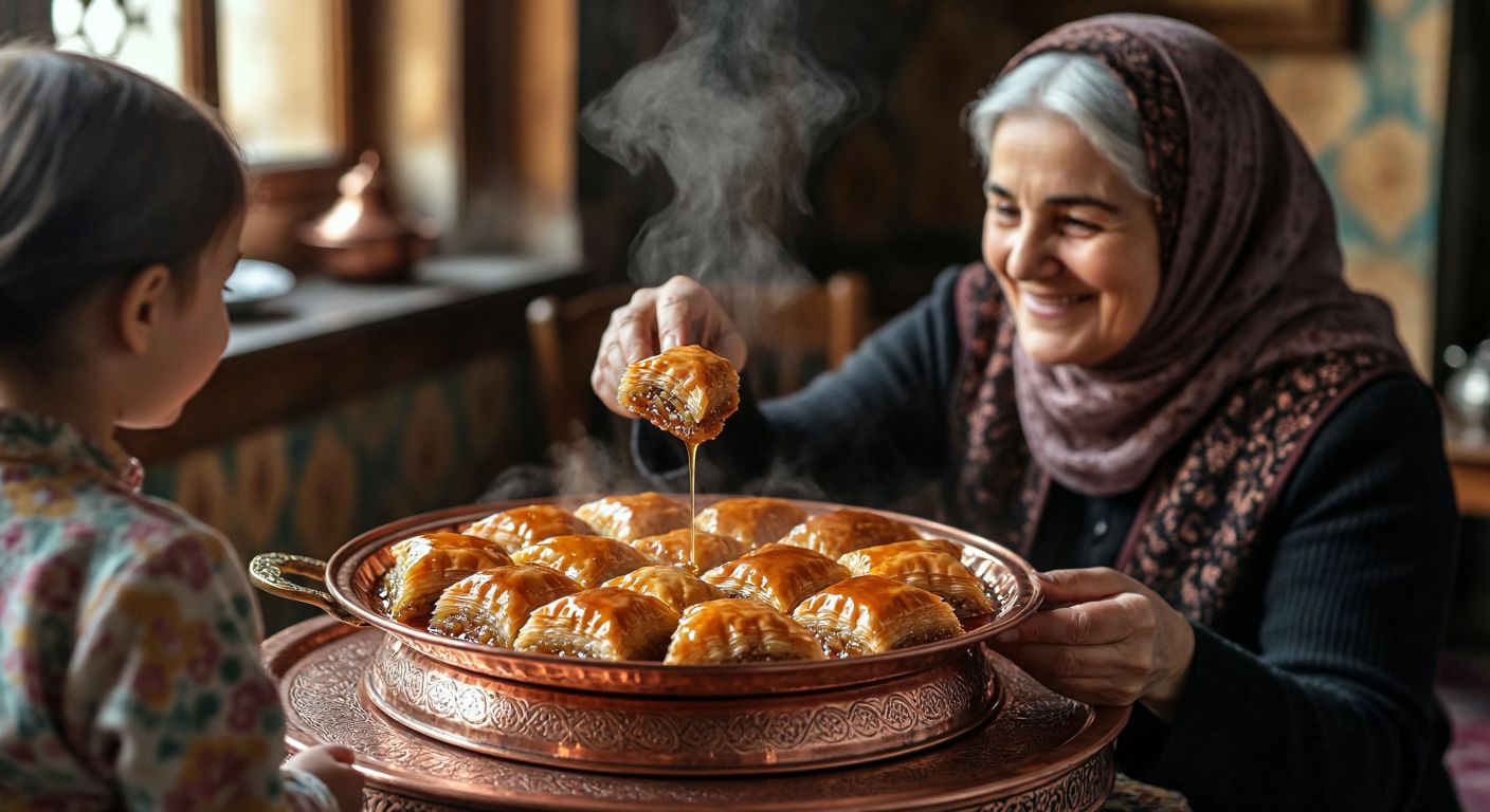 A steaming plate of golden baklava drizzled with syrup, placed on a traditional Turkish copper tray, with a smiling elderly woman in a headscarf offering a piece to a delighted child.