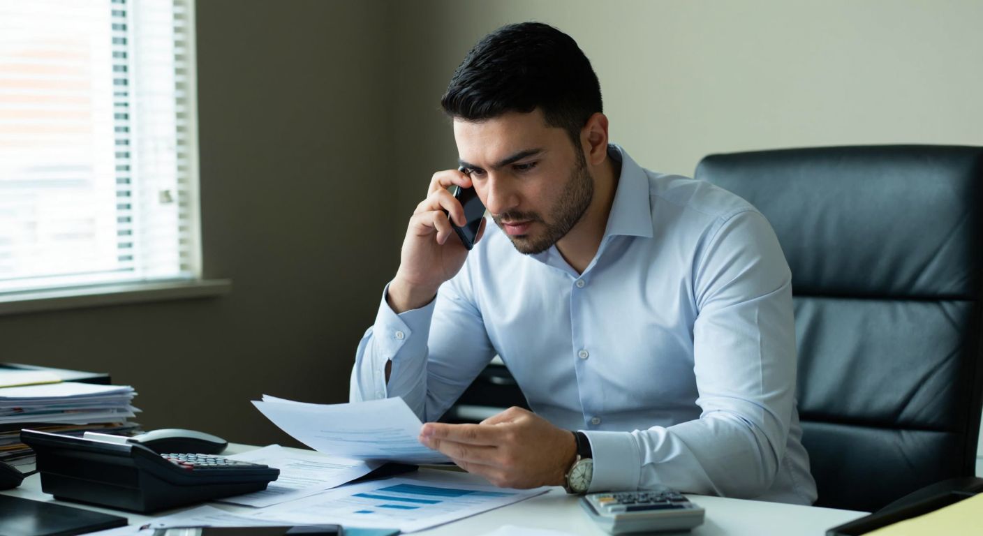 A focused Turkish office worker in a formal shirt reviews financial documents at a cluttered desk, with a phone in hand and a calculator nearby, embodying diligence and responsibility.