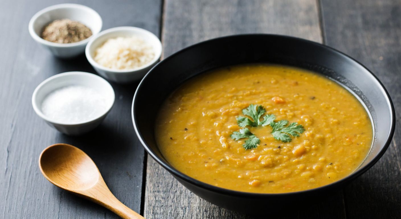 A steaming bowl of golden lentil soup on a rustic wooden table, with small bowls of cumin and black pepper beside it, and a wooden spoon resting nearby, evoking warmth and comfort.