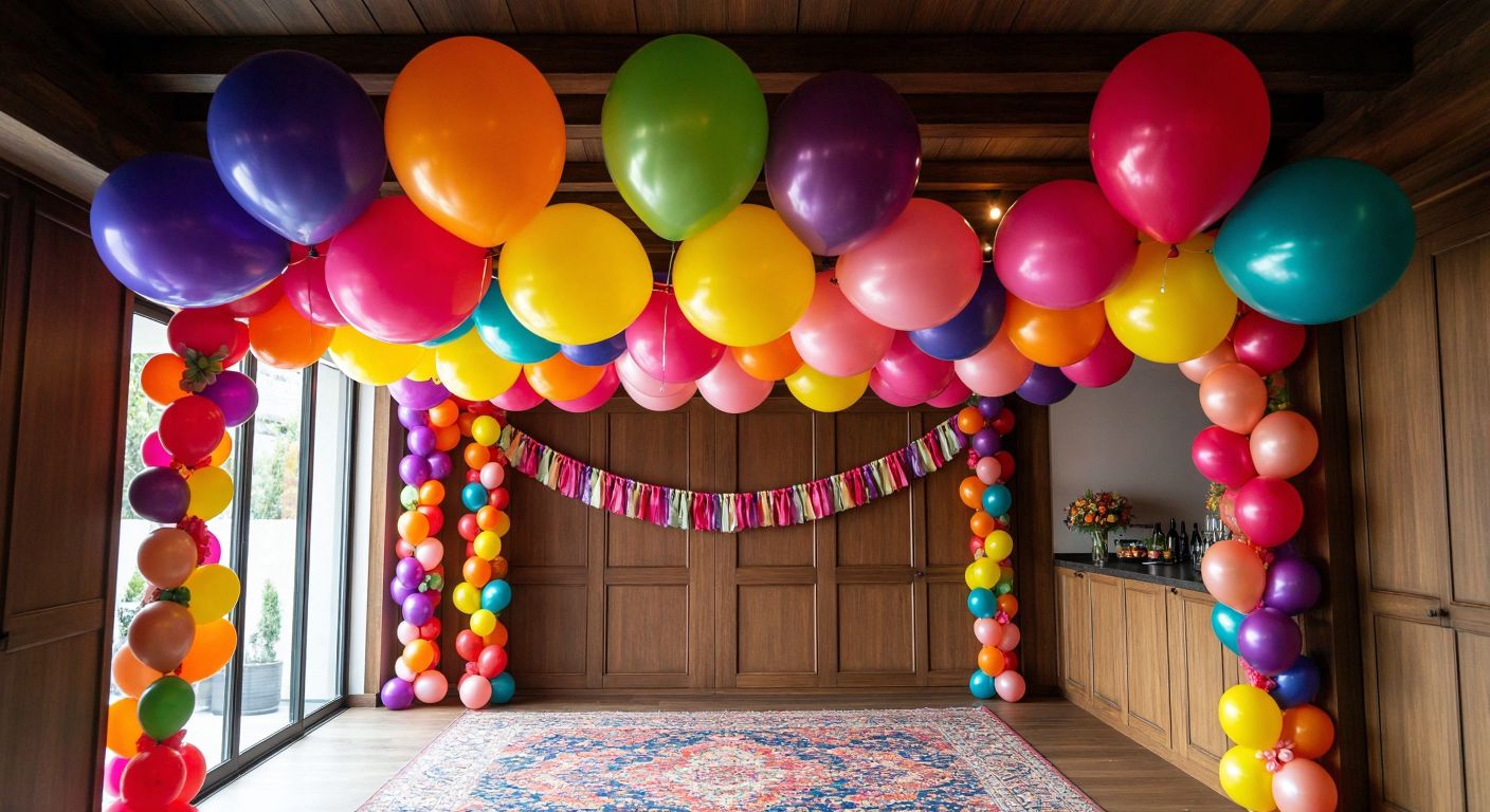 A vibrant Turkish party scene with colorful helium balloons floating near the ceiling, a woven chain of balloons draped along the walls, and a balloon arch decorated with ribbons and small flowers framing a joyful group of guests.