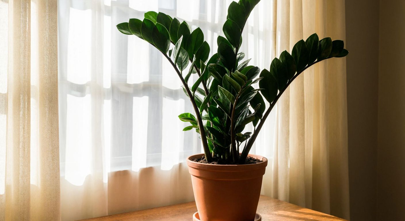 A lush, dark green ZZ plant in a terracotta pot sits on a sunlit wooden table near a window with sheer curtains, its glossy leaves reflecting soft indirect light.