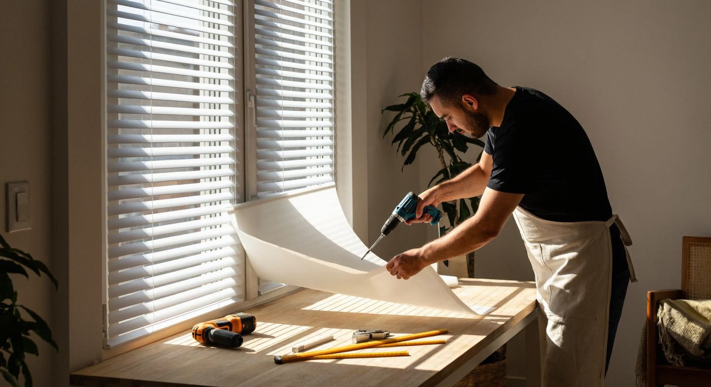 A person in a sunlit Turkish home carefully installing translucent white window blinds, with tools like a drill and measuring tape laid out on a wooden table nearby.