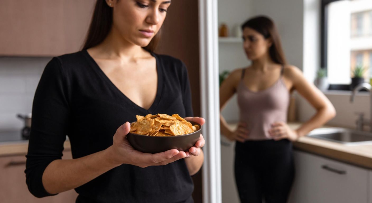 A hand holding a small bowl of crispy, golden-brown grain chips, with a concerned Turkish woman in a modern kitchen glancing at her reflection in a mirror, subtly touching her waistline.