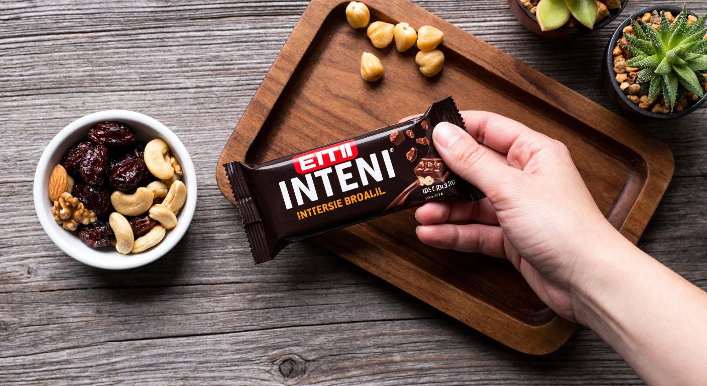 A close-up of a hand holding a dark chocolate Eti Browni Intense bar on a rustic wooden table, with a small bowl of fresh nuts and dried fruits beside it, evoking balance and mindful snacking.