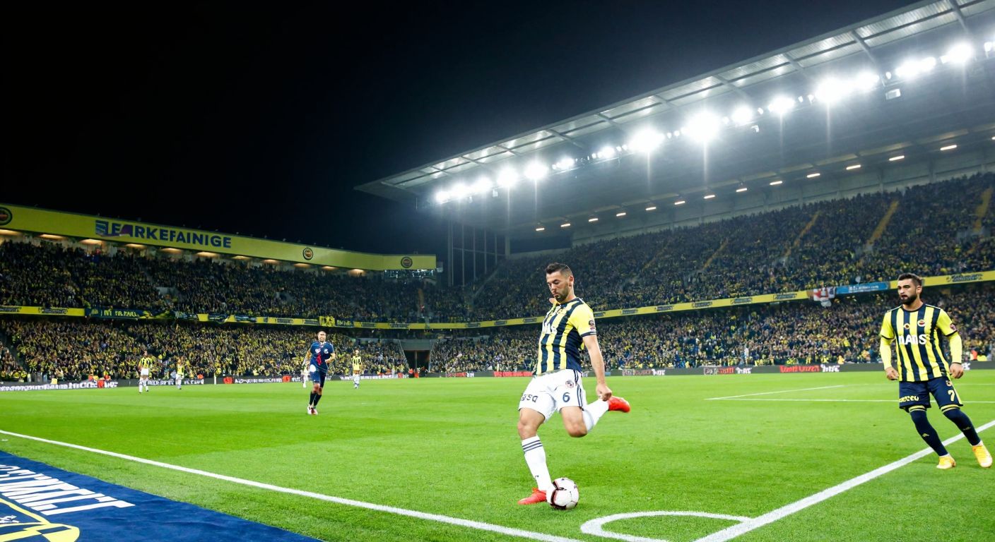 A vibrant soccer stadium in Istanbul, filled with cheering Fenerbahçe fans wearing yellow and navy blue jerseys, while a player in the same colors kicks a ball under floodlights, symbolizing European competition earnings.