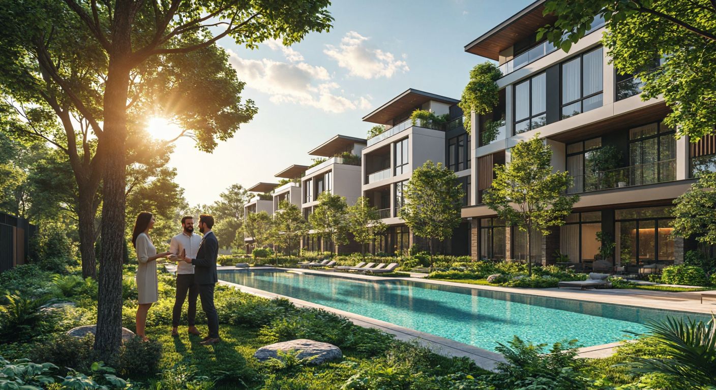 A sleek modern housing complex under a sunny sky, surrounded by lush greenery, with a smiling real estate agent showing a 3D model to a couple, while a sparkling pool and fitness center are visible in the background.