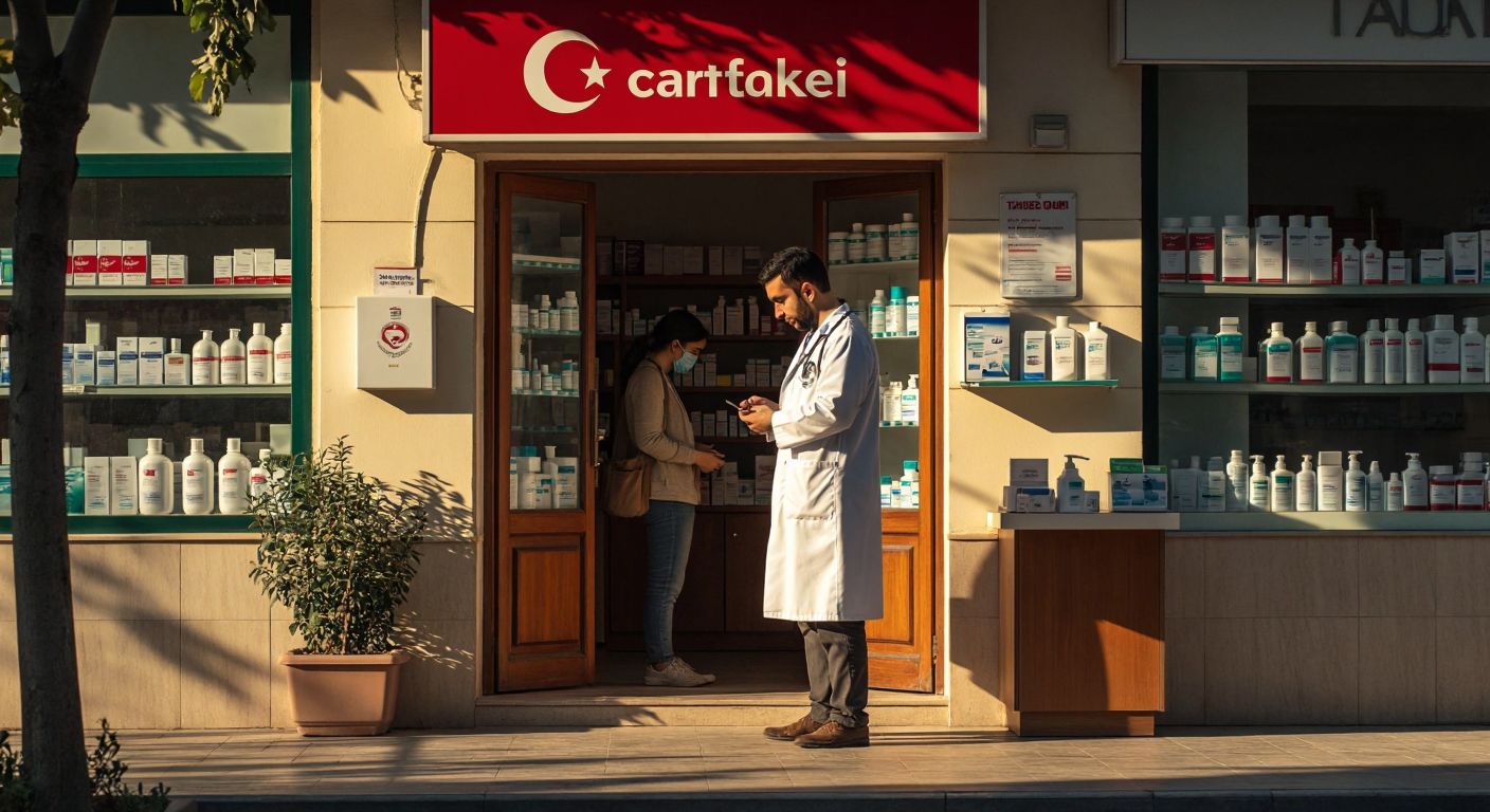 A sunlit Turkish pharmacy with a red crescent sign, its door slightly ajar as a pharmacist in a white coat checks their watch while a customer in casual clothing waits outside, the warm afternoon light casting long shadows.