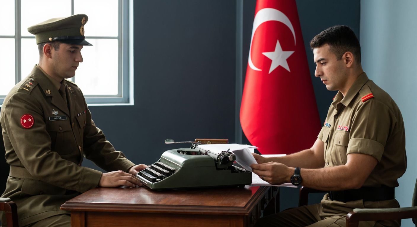 A young Turkish soldier in uniform sits at a wooden desk inside a military office, typing on an old typewriter with a focused expression, while another soldier stands nearby holding a stack of papers, both framed by a Turkish flag in the background.