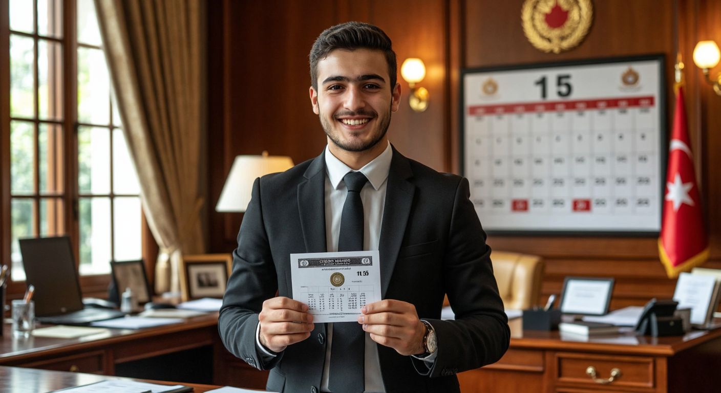 A young civil servant in a formal office setting in Turkey, smiling while holding a paycheck, with a calendar page showing the 15th in the background.