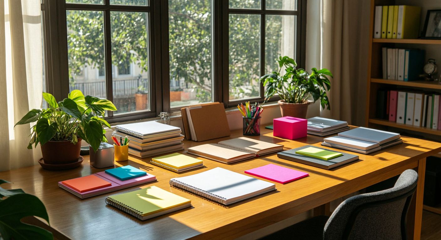 A wooden desk in a sunlit Turkish office scattered with various-sized notebooks—A5, A4, and spiral-bound—alongside a small cube notepad and colorful sticky notes.