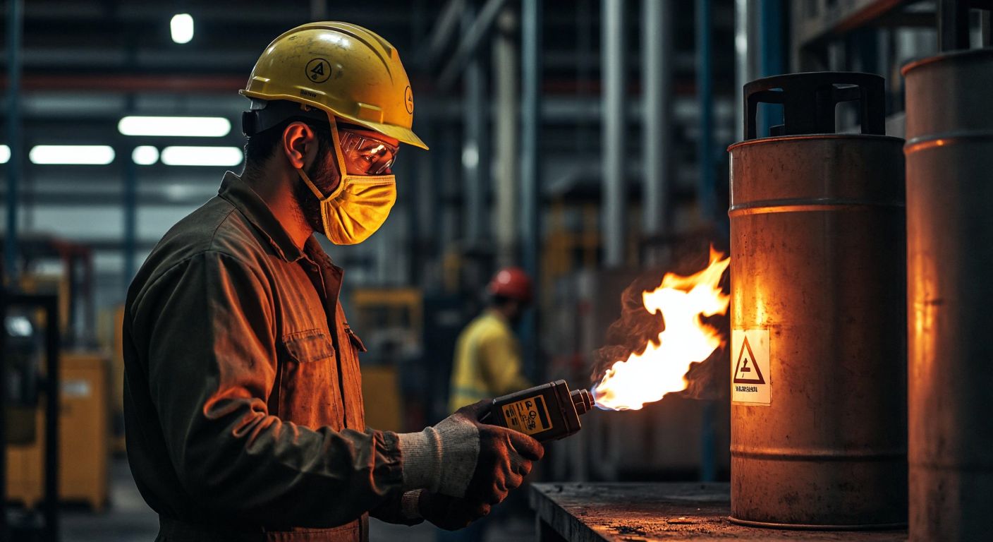 A Turkish industrial worker in a yellow safety helmet and protective mask stands alert in a dimly lit factory, gripping a gas detector while faint orange flames flicker ominously behind a steel canister labeled with a hazard symbol.