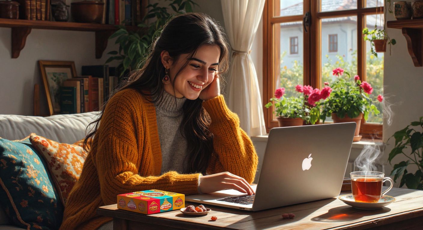 A smiling Turkish woman in a cozy home setting browses on her laptop with a colorful box of Kafkas sweets and a steaming cup of tea on the table beside her.