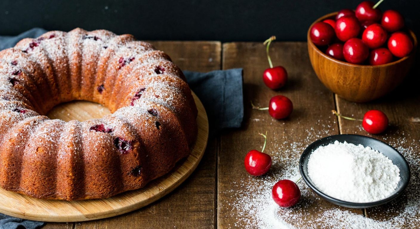 A rustic Turkish kitchen with a freshly baked cherry-studded moist cake on a wooden table, surrounded by scattered flour and sugar, and a bowl of bright red cherries.