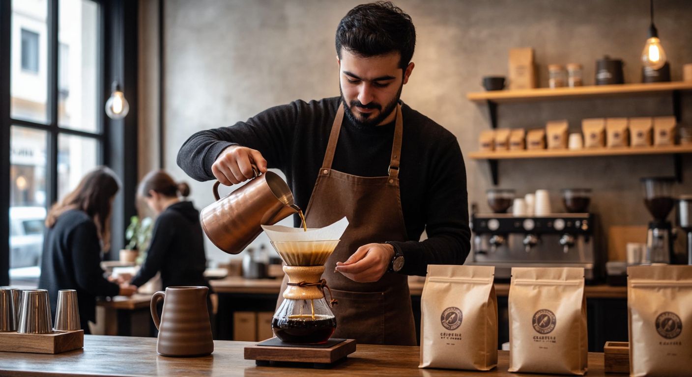 A warm, minimalist Turkish coffee shop with a barista carefully pouring a slow-drip coffee from a V60 into a ceramic cup, surrounded by bags of single-origin beans and a small group of customers attentively watching the process.