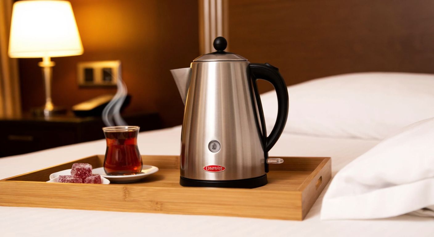 A sleek, stainless steel electric kettle sits on a wooden tray in a cozy Turkish hotel room, with a steaming cup of tea and a small plate of Turkish delight beside it, evoking warmth and hospitality.