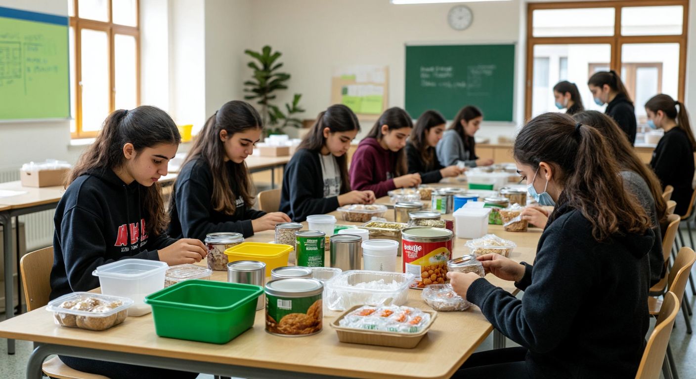 A bright classroom in Turkey with students attentively examining various food packaging materials—glass jars, metal tins, plastic containers, and paper boxes—spread across wooden tables, while an instructor demonstrates sustainable packaging techniques with biodegradable materials.