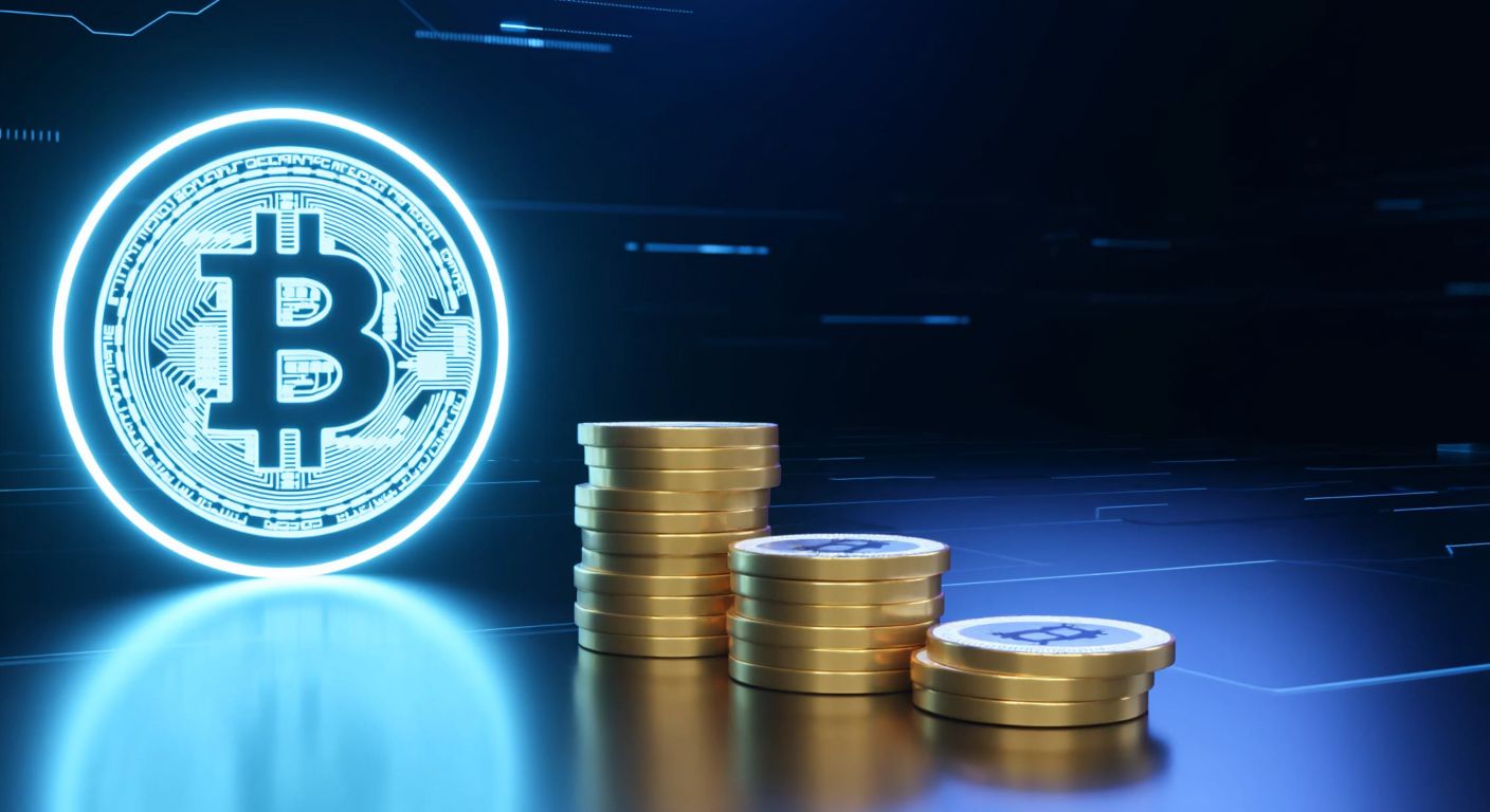 A glowing digital coin with a finite number of identical coins stacked neatly beside it, symbolizing limited supply, against a futuristic blue-hued backdrop.