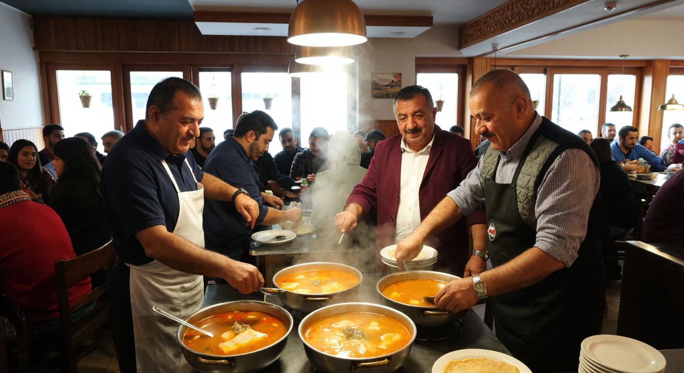 A bustling Turkish restaurant with two middle-aged men, Ziya Sarıhan and Mesut Turan, warmly serving steaming bowls of spicy tripe soup to cheerful customers.