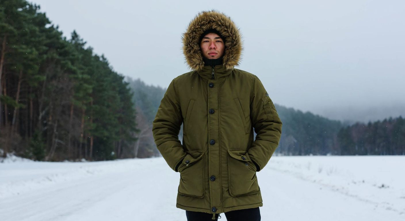 A person bundled in a thick olive-green N3B parka stands confidently in a snowy Turkish landscape, their hood snugly framing their face while warm breath fogs the crisp winter air.