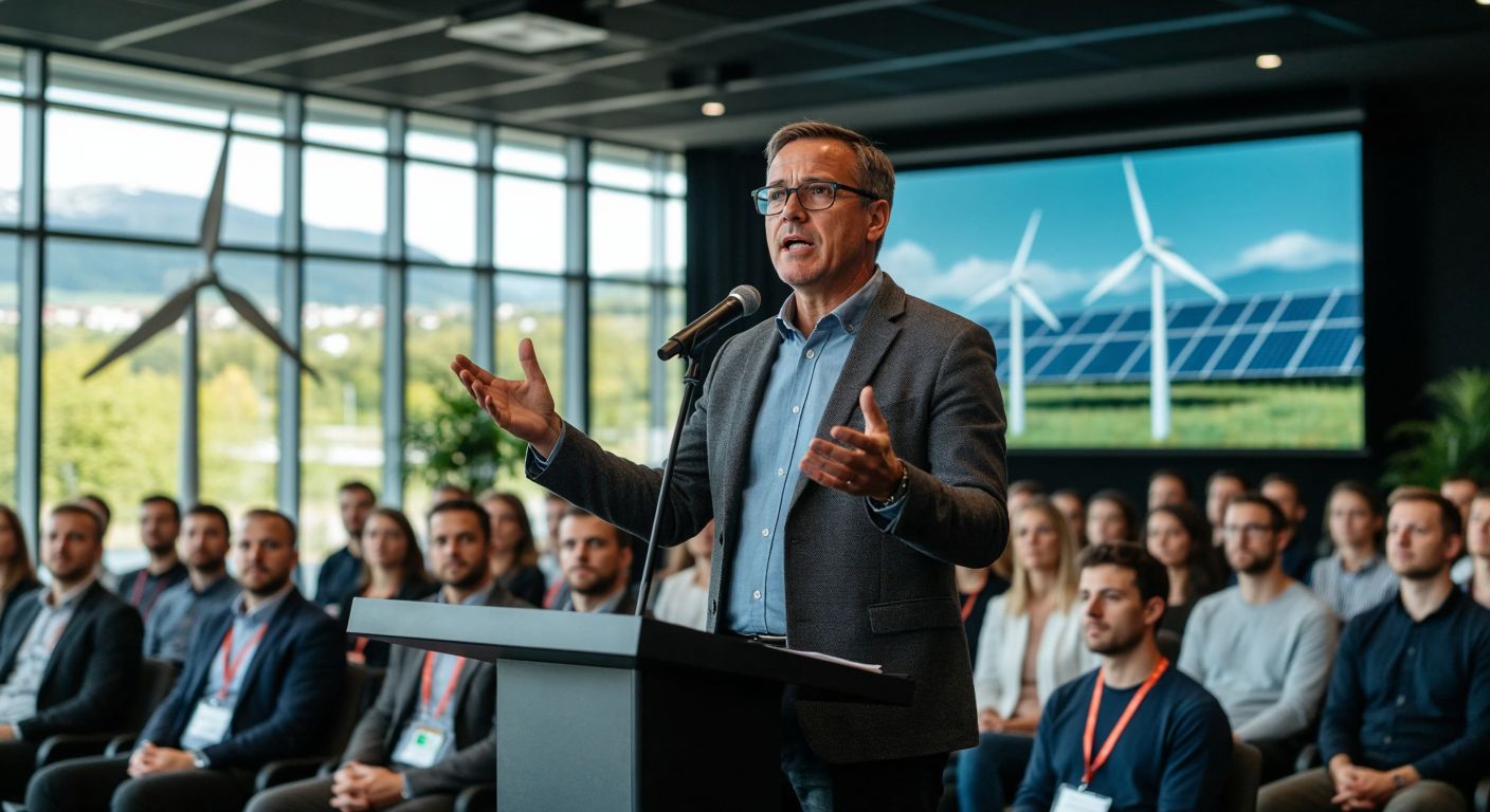 A thoughtful middle-aged man with glasses stands at a podium, gesturing passionately while addressing a diverse audience in a modern conference hall, with a backdrop of renewable energy symbols like wind turbines and solar panels.