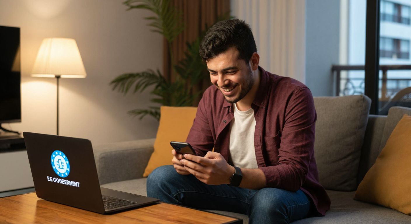 A Turkish citizen in casual attire smiles while checking their phone in a cozy home setting, with a laptop displaying the e-Government logo on a wooden table nearby.